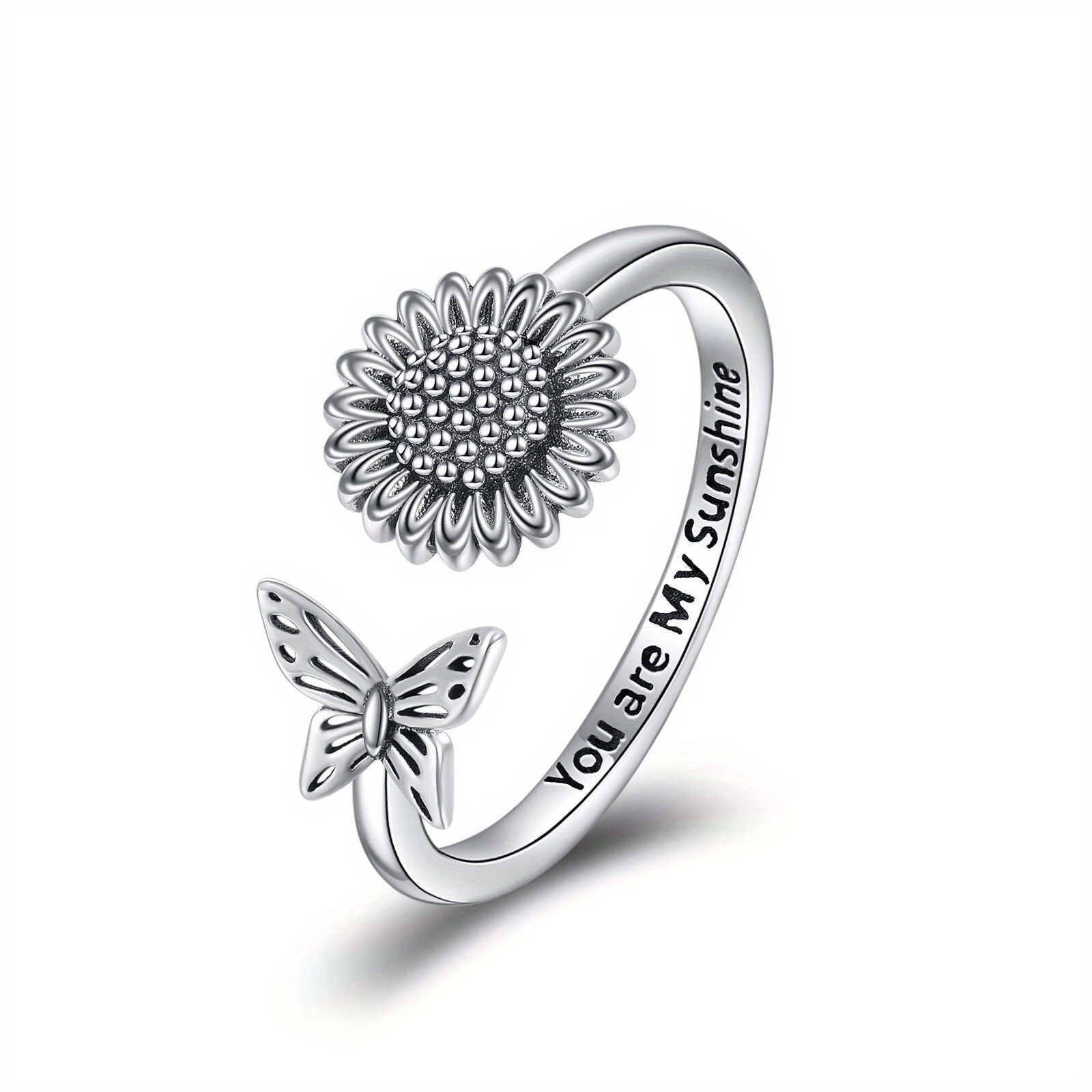 Sterling Silver Sunflower Butterfly Ring Vintage Adjustable